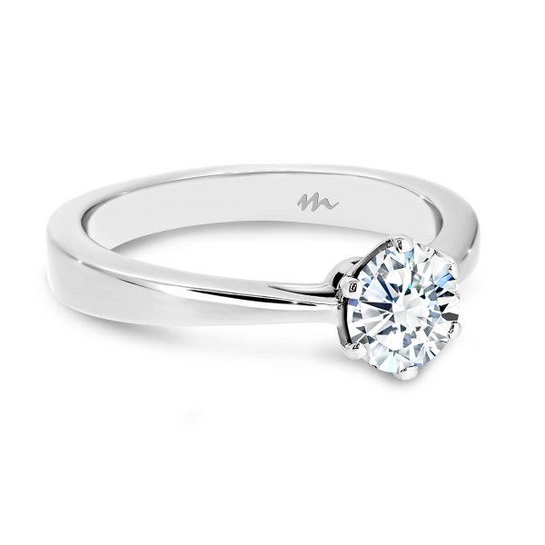 Tilly 1.00 carat Round solitaire Moissanite engagement ring on tapered band with flat profile.