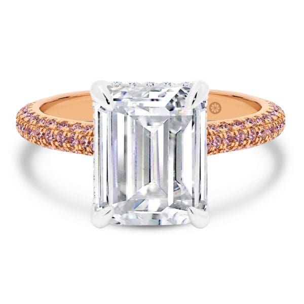 Casablanca Emerald Pink gemstone ring in stone-set 4 prong on rolling three-row micro pave band