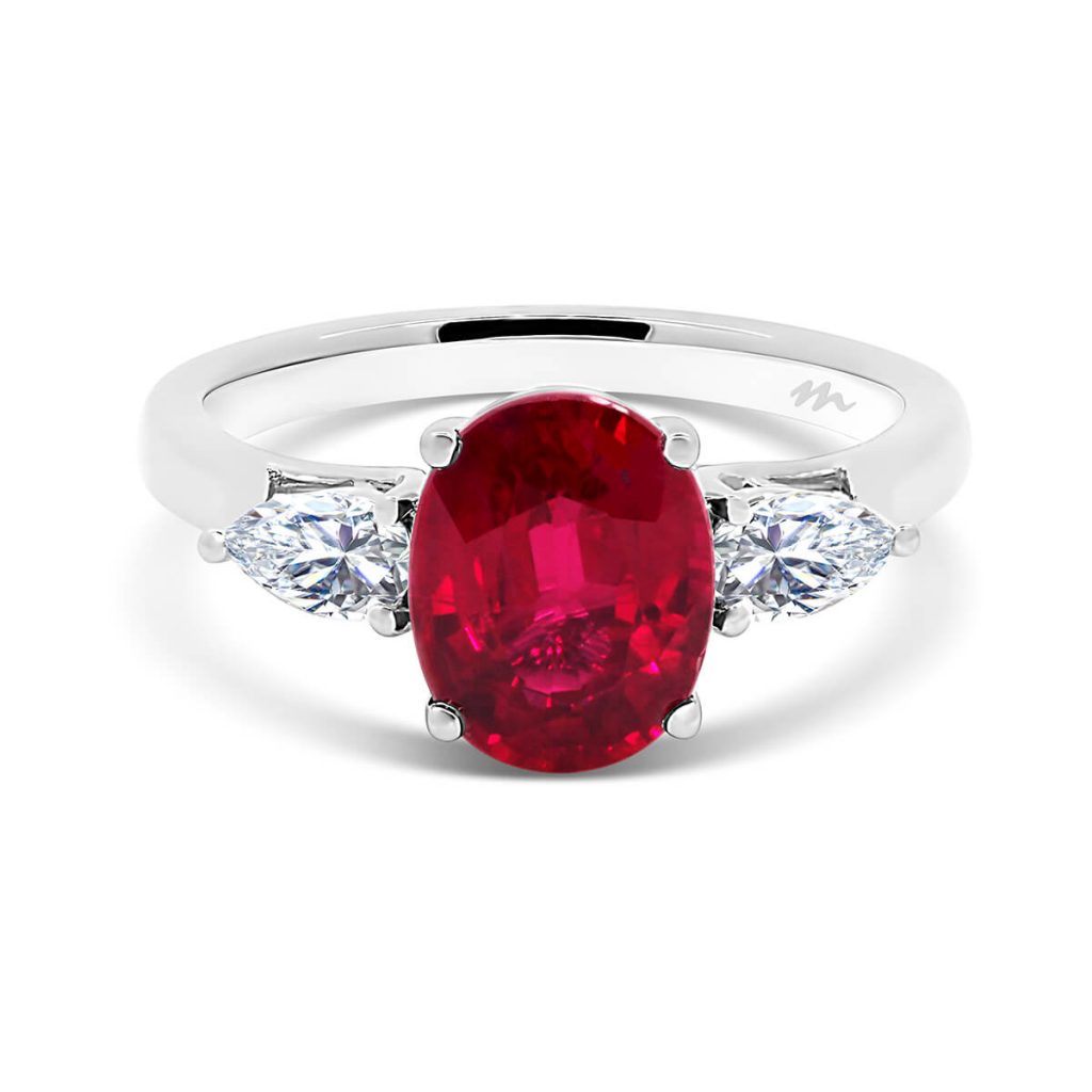 Oval Ruby Three Stone Engagement Ring in Yellow Gold | Delta Trio Cerise