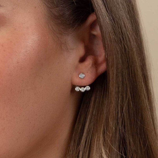 Model Wears Therese Lab Grown Diamond Earring Enhancer With Anna White Gold Bezel Studs Cropped