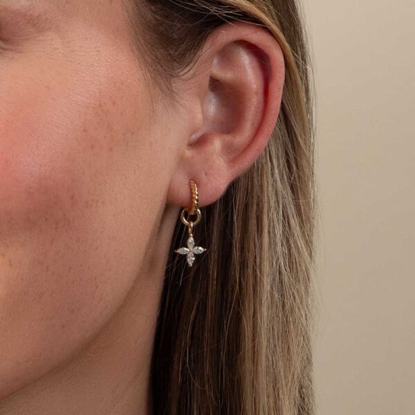 Model Wears Winona Marquise Lab Grown Diamond Clover Charm Hannah Small Twisted Rope Hoop Yellow Gold Earrings Cropped