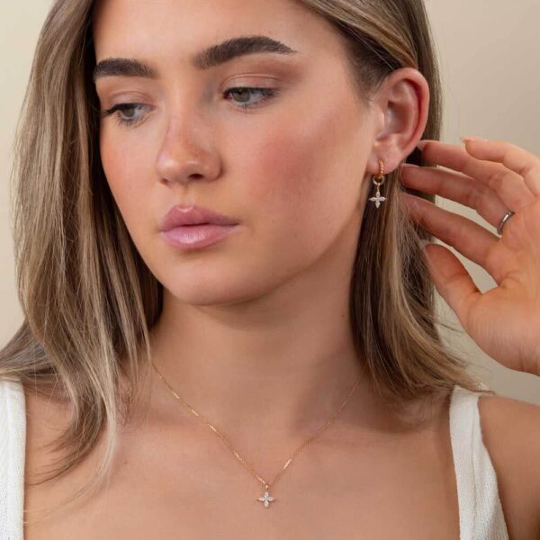 Model Wears Winona Marquise Lab Grown Diamond Clover Pendant Hannah Small Twisted Rope Hoops Yellow Gold