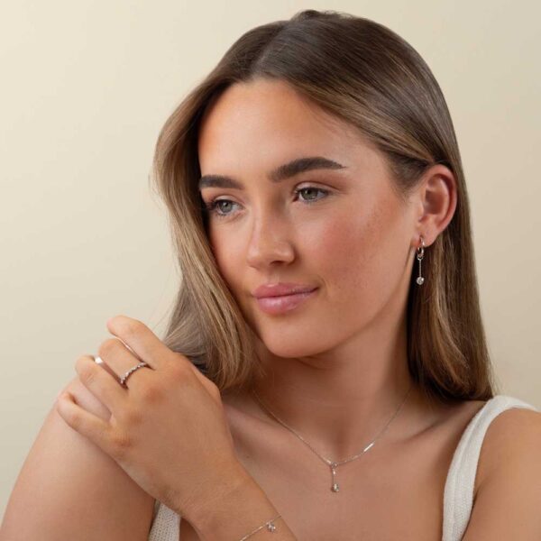 Model Wears White Gold Blair Large Plain Hoops Jen Round Medium Bezel Earring Enhancer Diamond Drop Pendant