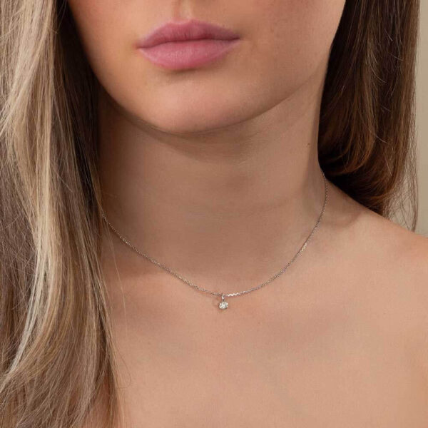 Model Wears White Gold Lou Round Small Diamond Pendant Cropped