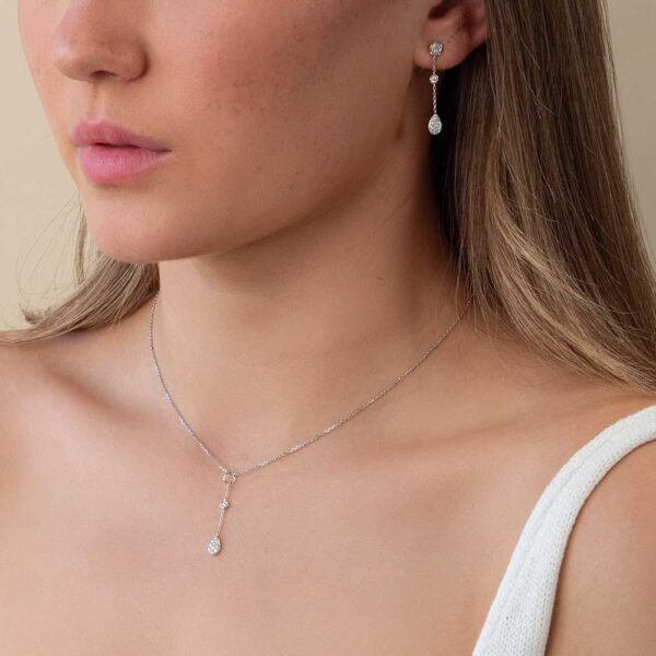 Model Wears White Gold Tate Pear Drop Enhancer Lab Grown Diamond Pendant Cropped