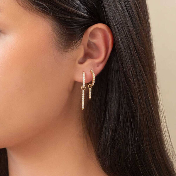 Model Wears Yellow Gold Gemma Small Large Pointed Bar Earring Enhancer With Erica 1.5 1.8 Large Hoops Diamond Cropped