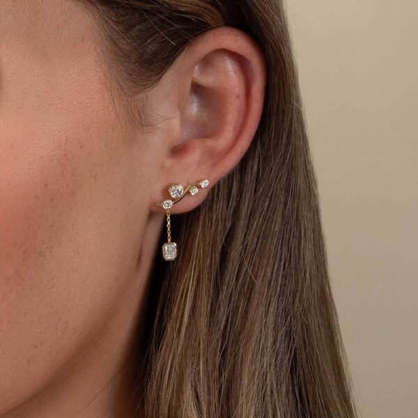 Model Wears Yellow Gold Gia Radiant Diamond Bezel Drop Ear Climber Enhancer With Anna Stud Earrings Cropped