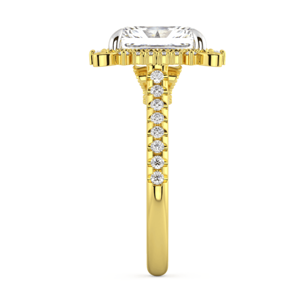 Emmeline Profile Yellow Gold Lab Grown Diamond Radiant Halo Fan Pattern Gallery Prong Half Band Ring