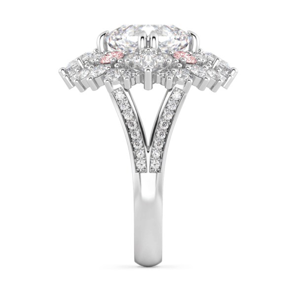 Genevieve Profile White Gold Lab Grown Diamond East West Set Cushion Cluster Halo Pink Accents Ring