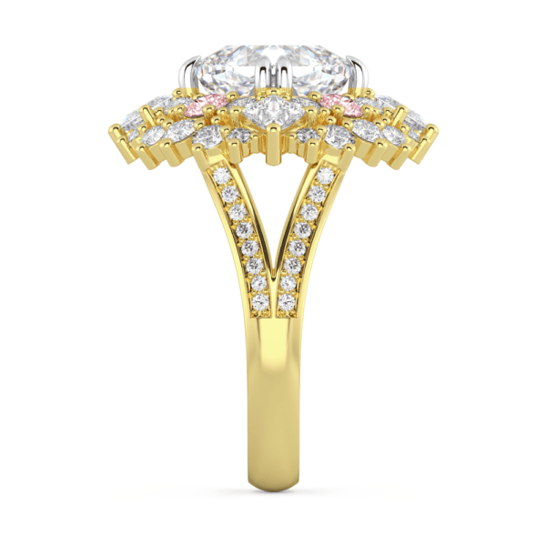 Genevieve Profile Yellow Gold Lab Grown Diamond East West Set Cushion Cluster Halo Pink Accents Ring