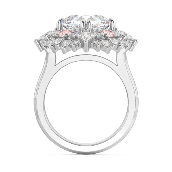 Genevieve Side White Gold Lab Grown Diamond East West Set Cushion Cluster Halo Pink Accents Ring