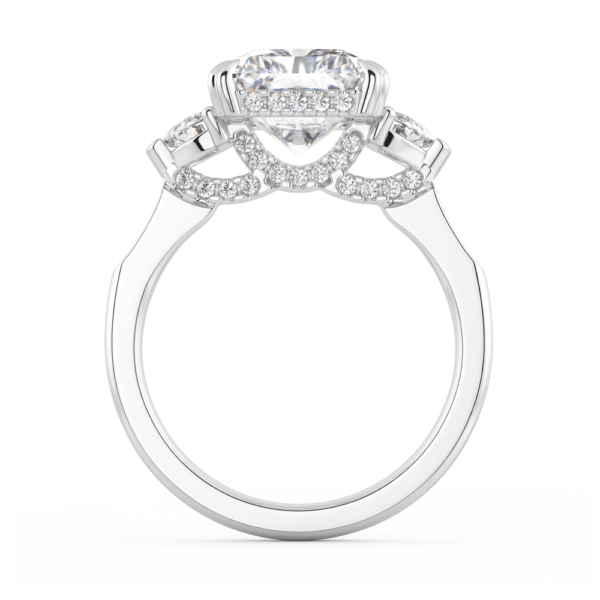 Honour Side White Gold Lab Grown Diamond Radiant Scallop Pave Set Gallery Half Moon Trilogy Ring