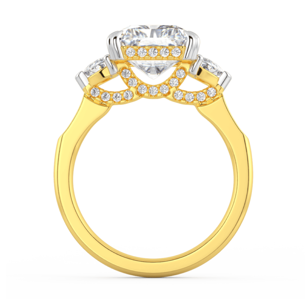 Honour Side Yellow Gold Lab Grown Diamond Radiant Scallop Pave Set Gallery Half Moon Trilogy Ring