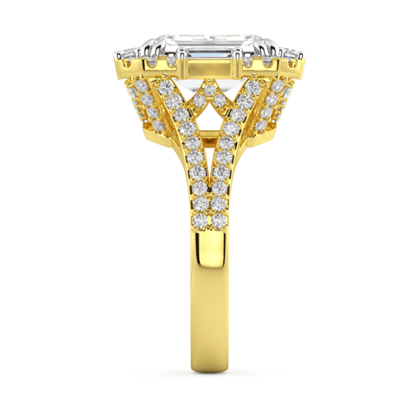 Lauren Profile Yellow Gold Lab Grown Diamond Emerald Baguette Round Halo Split Band Ring