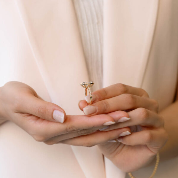 Model Wears Natasha Marquise Lab Grown Diamond Halo Prong Set Accent Basket Half Band Yellow Gold Ring