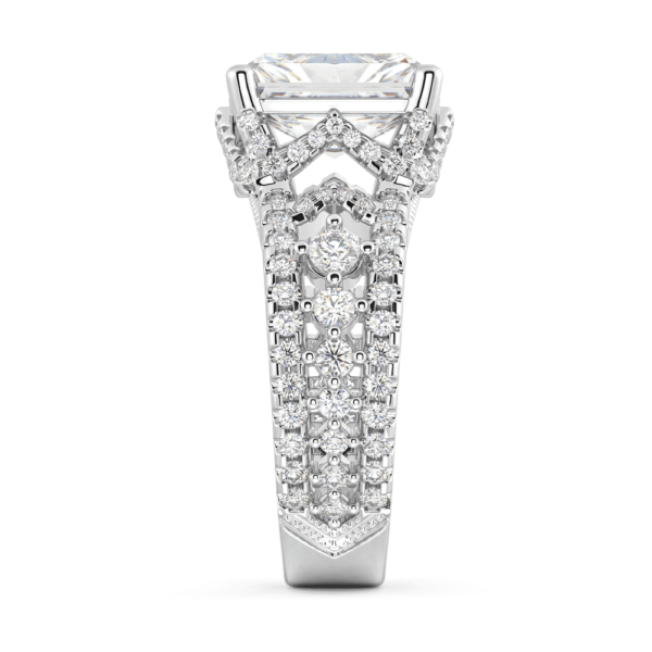 Reagan Radiant Profile White Gold Lab Grown Diamond Graduating Cut Out Pattern Split Band V Shaped Ring