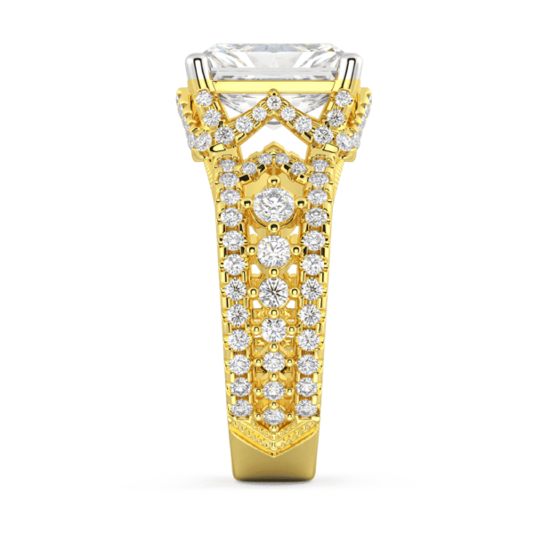 Reagan Radiant Profile Yellow Gold Lab Grown Diamond Graduating Cut Out Pattern Split Band V Shaped Ring