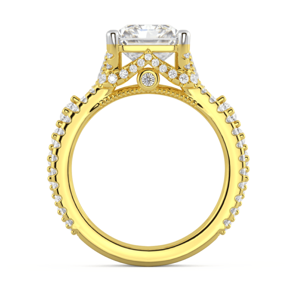 Reagan Radiant Side Yellow Gold Lab Grown Diamond Graduating Cut Out Pattern Split Band V Shaped Ring