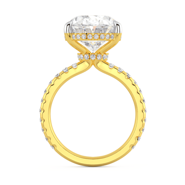 Theodora Oval Side Yellow Gold Moissanite Under Rail Base Halo Prong Set Band Ring